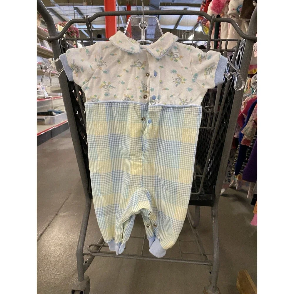 Vintage Peter Rabbit & Friends Baby Romper 6M F.W. & Co. Pastel Plaid One Piece
